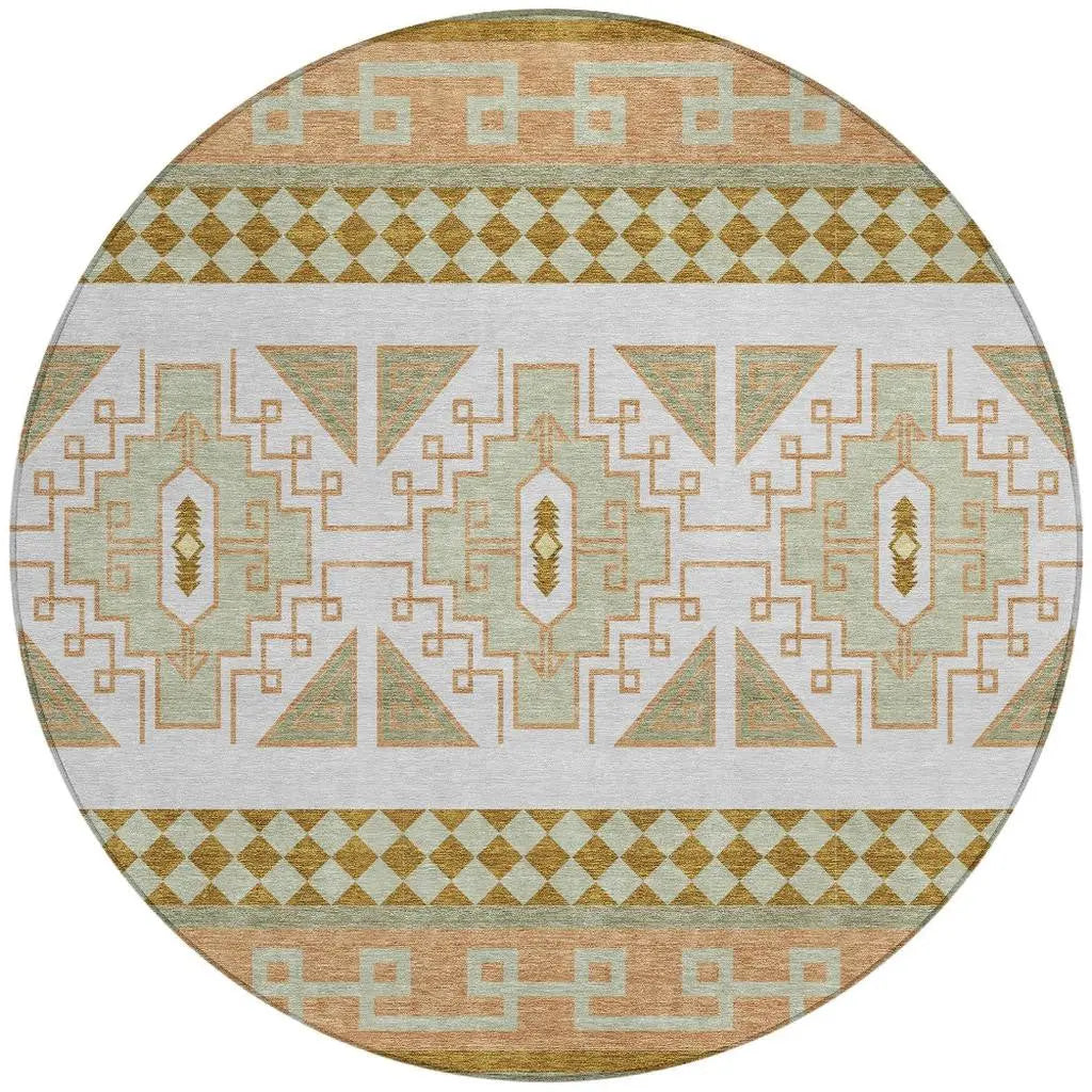 8' Green And Teal Blue Round Tribal Washable Indoor Outdoor Area Rug Homeroots Outdoor