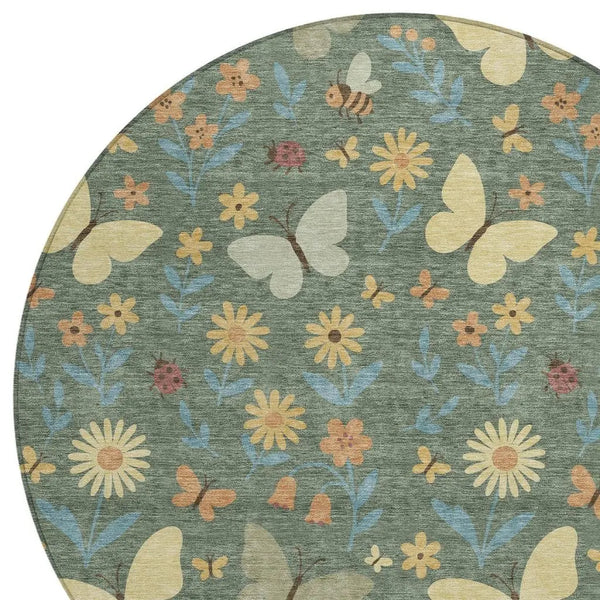 8' Green And Wheat Round Abstract Washable Indoor Outdoor Area Rug Homeroots Outdoor