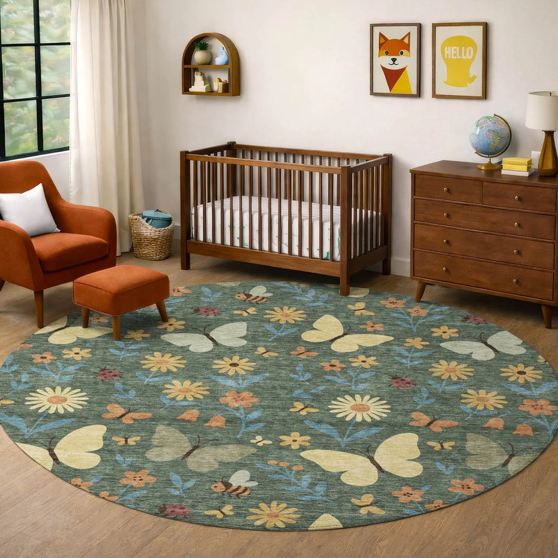 8' Green And Wheat Round Abstract Washable Indoor Outdoor Area Rug Homeroots Outdoor