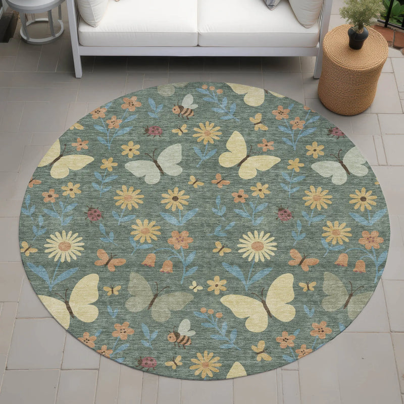 8' Green And Wheat Round Abstract Washable Indoor Outdoor Area Rug Homeroots Outdoor