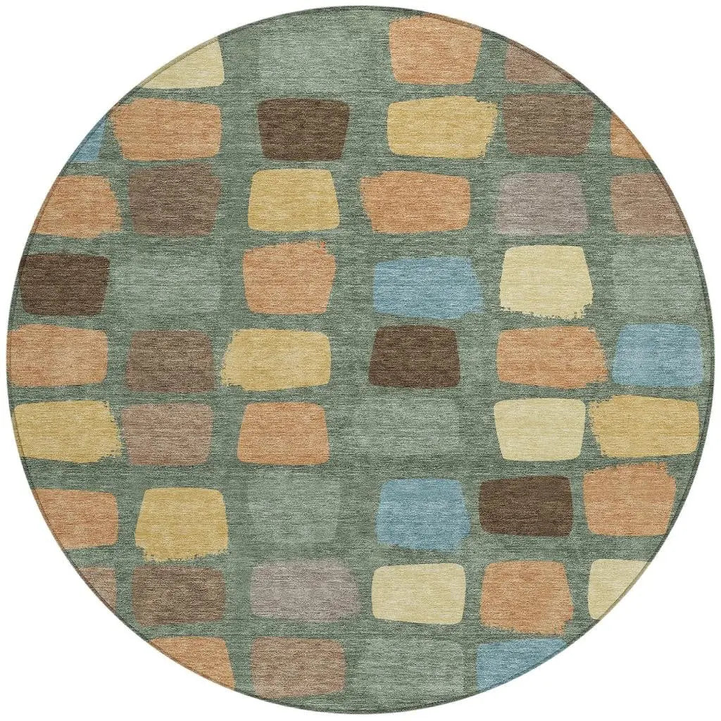 8' Green And Wheat Round Geometric Washable Indoor Outdoor Area Rug Homeroots Outdoor
