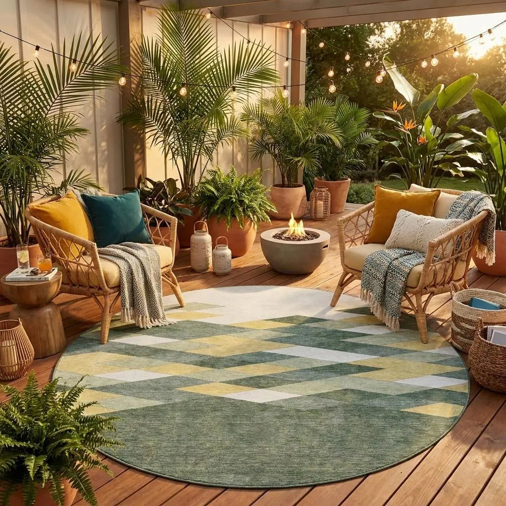 8' Green And Wheat Round Geometric Washable Indoor Outdoor Area Rug Homeroots Outdoor