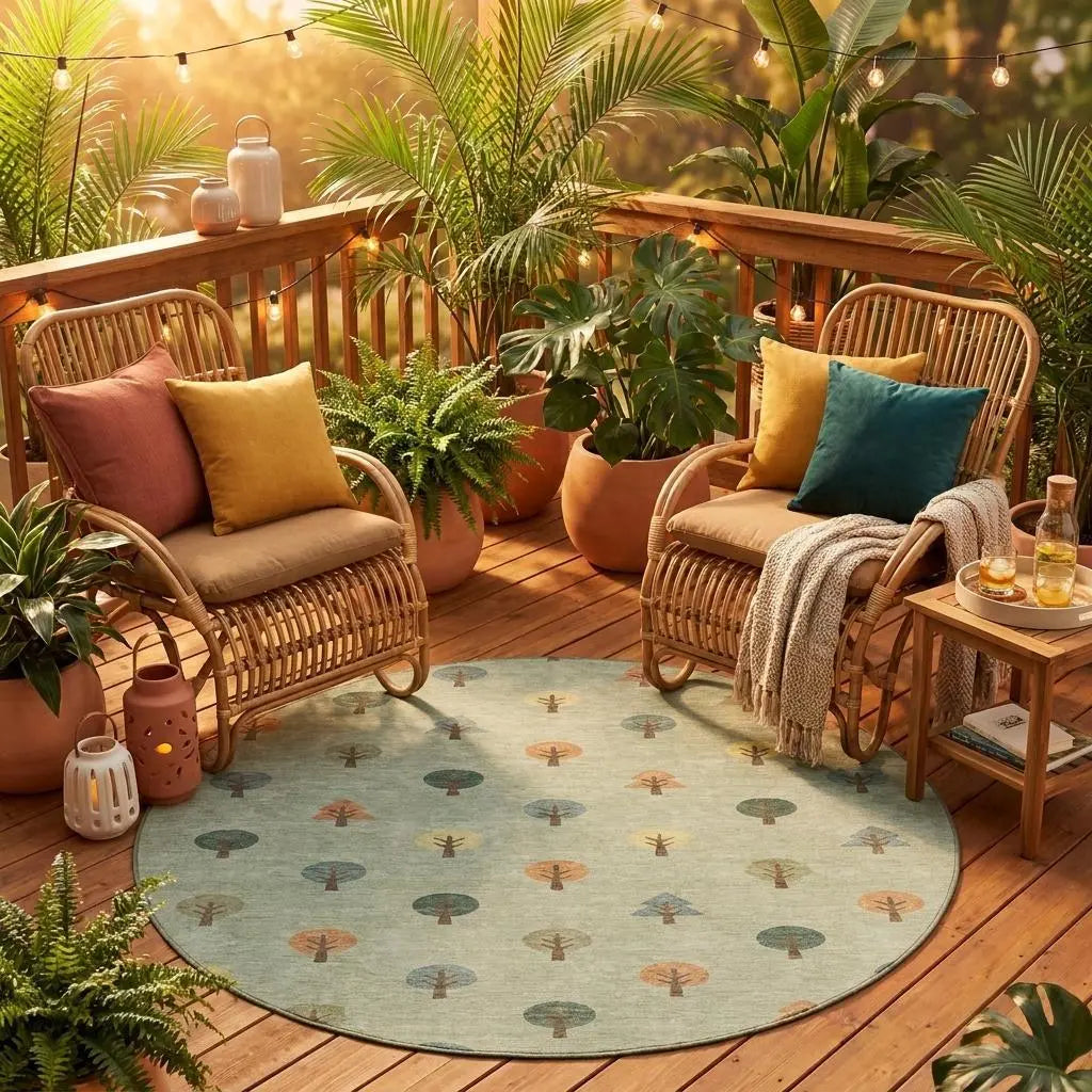 8' Green And Wheat Round Geometric Washable Indoor Outdoor Area Rug Homeroots Outdoor