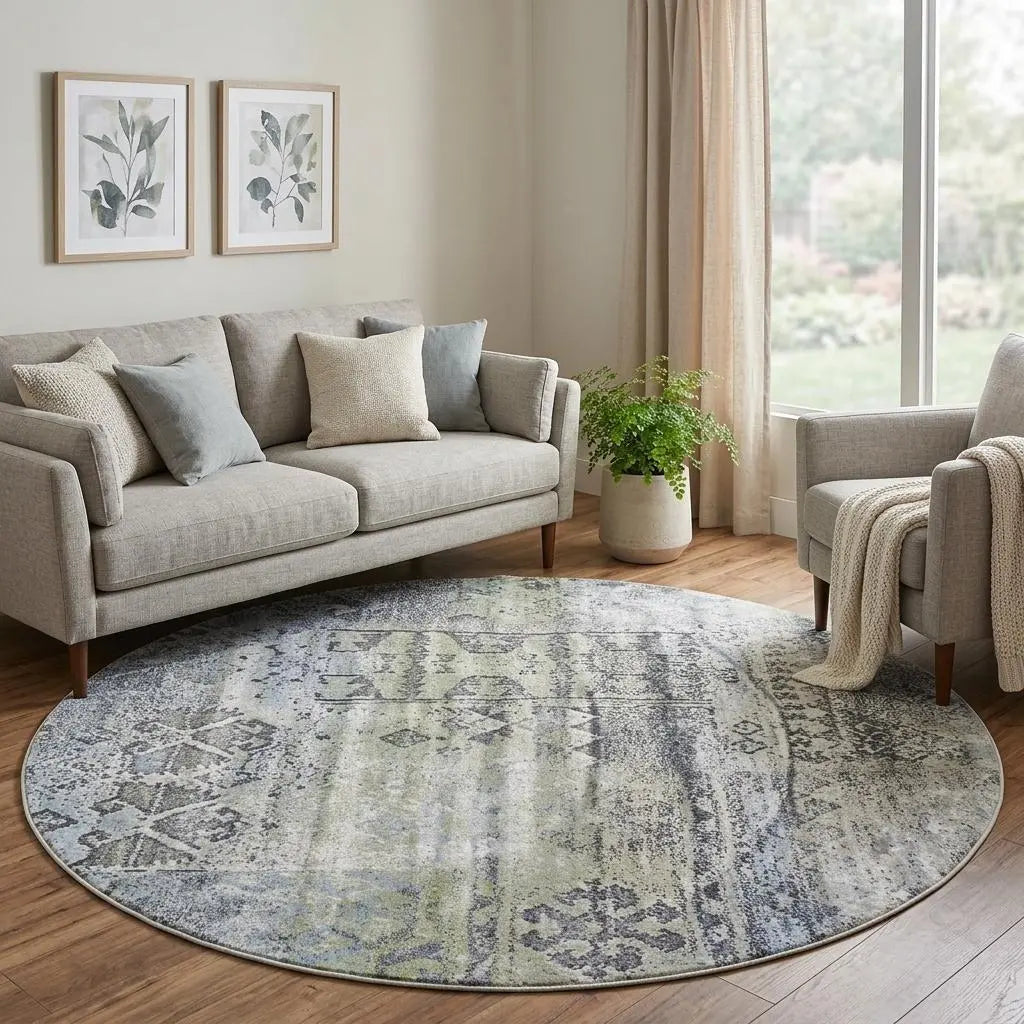 8' Green Blue And Gray Abstract Round Rug Homeroots Home Decor