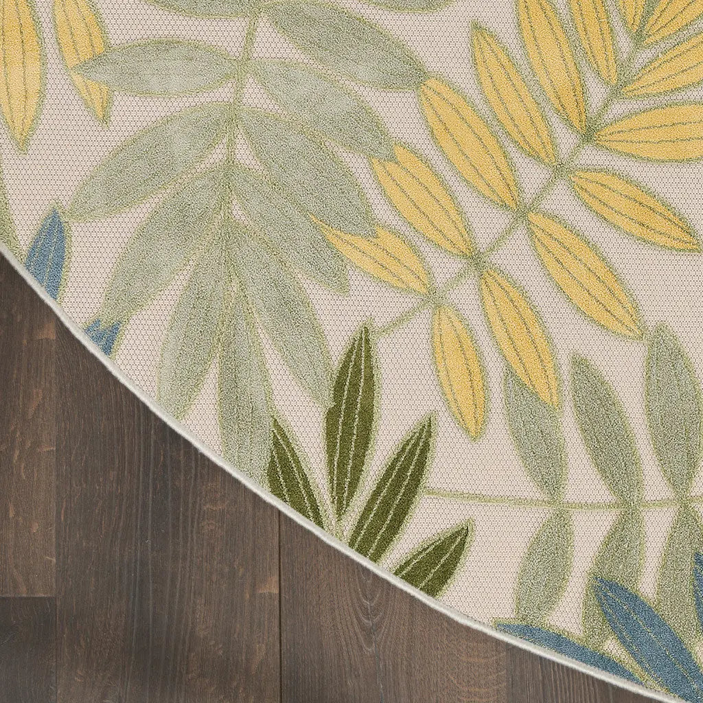 8' Green Yellow And Blue Round Palm Leaf Indoor Outdoor Area Rug Homeroots Outdoor