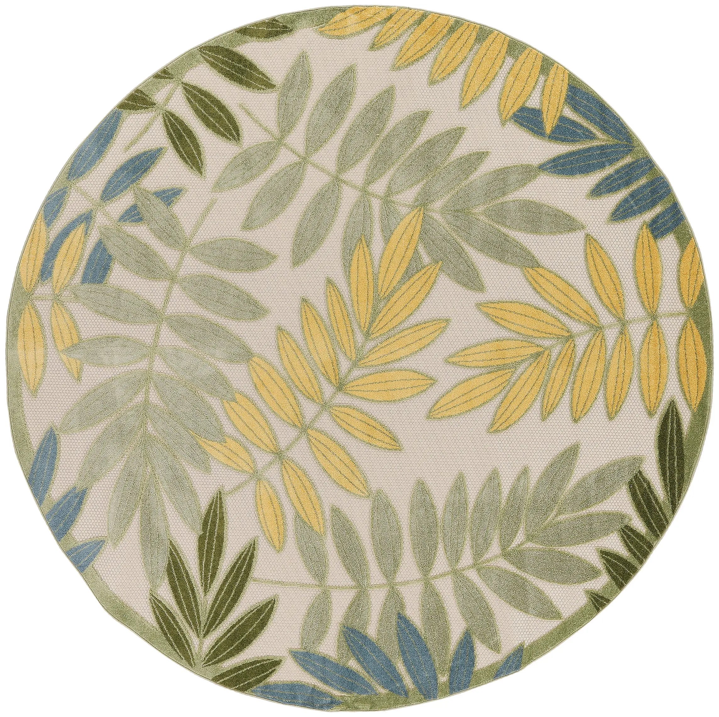 8' Green Yellow And Blue Round Palm Leaf Indoor Outdoor Area Rug Homeroots Outdoor