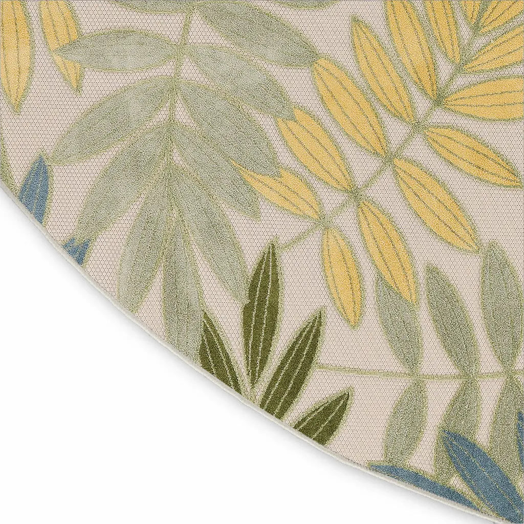 8' Green Yellow And Blue Round Palm Leaf Indoor Outdoor Area Rug Homeroots Outdoor