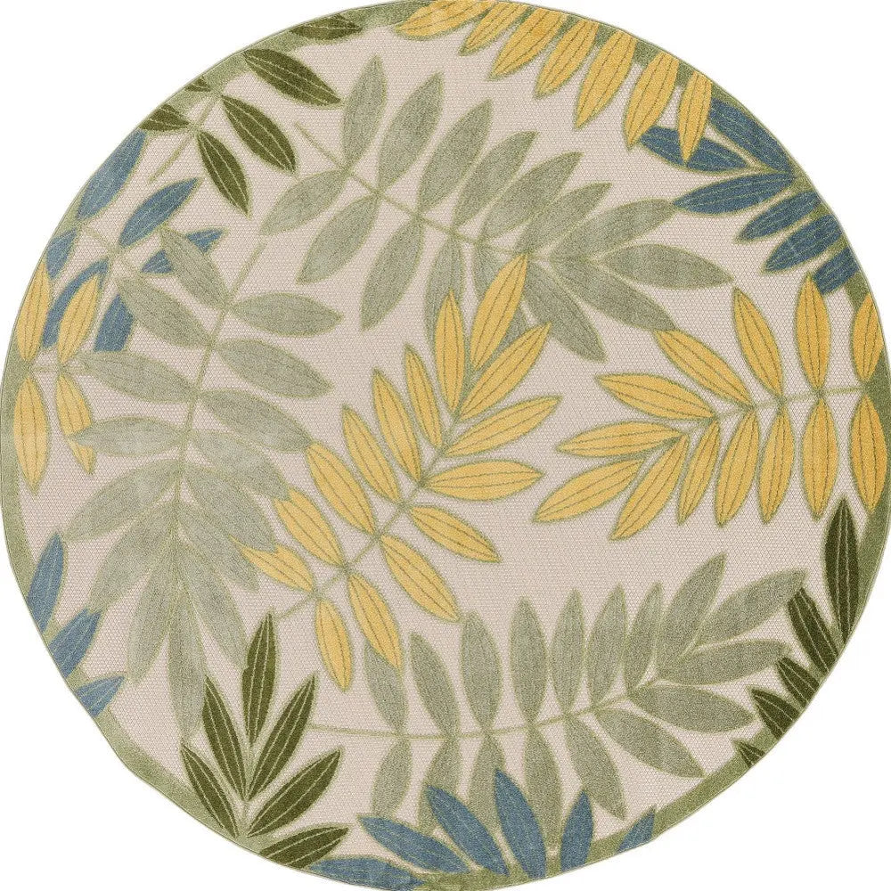 8' Green Yellow And Blue Round Palm Leaf Indoor Outdoor Area Rug Homeroots Outdoor