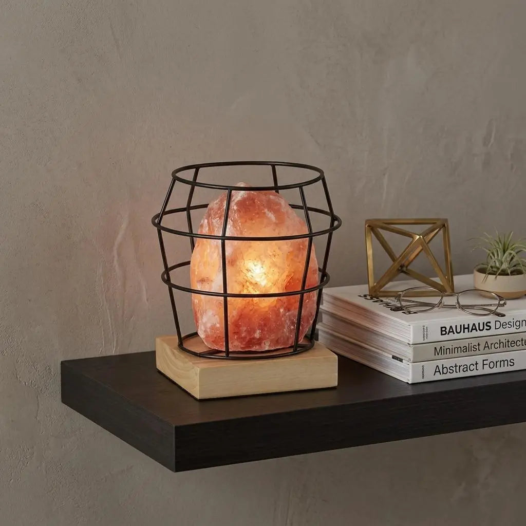 8" Himalayan Salt Accent Lamp With Black Cage Shade Homeroots Lighting