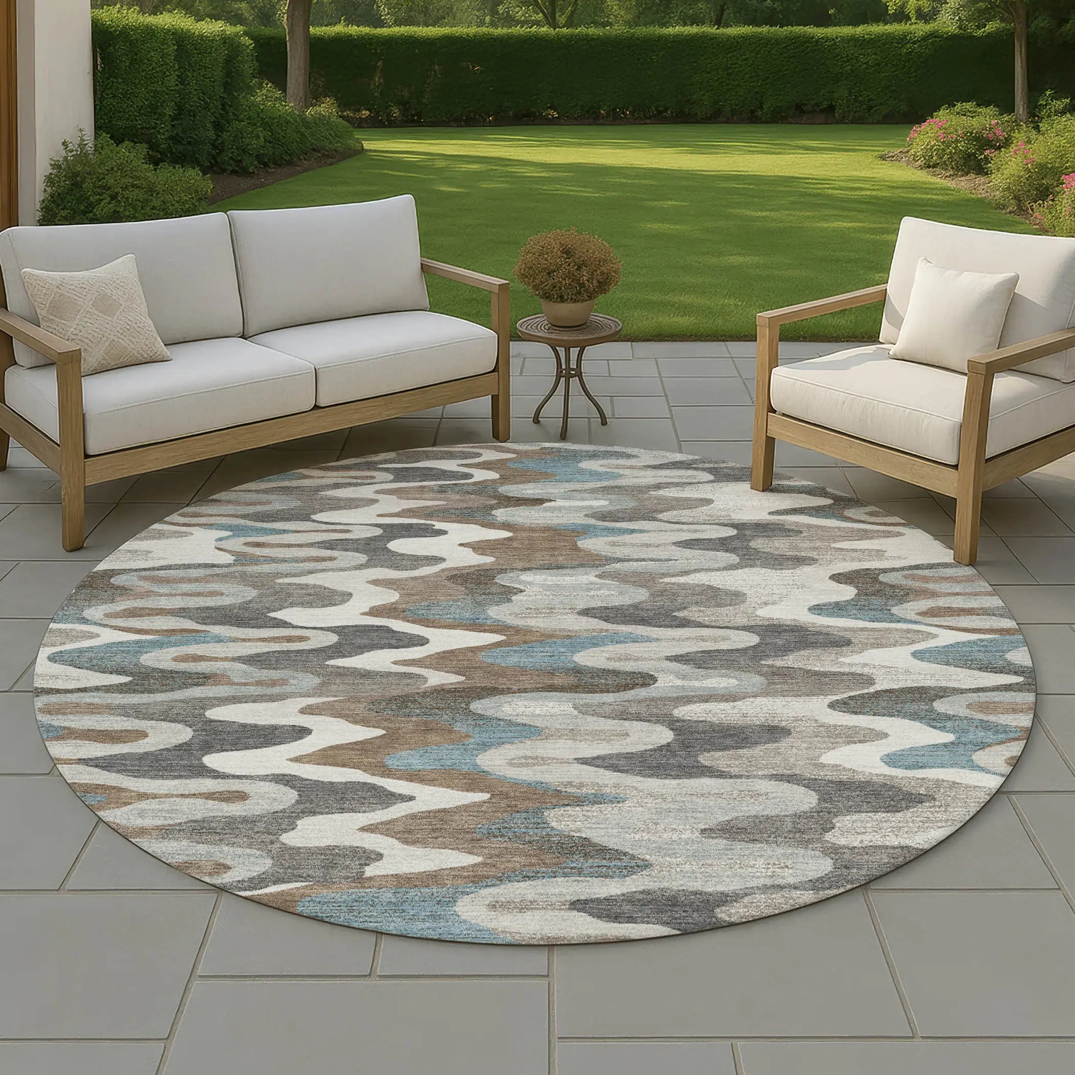 8' Ivory And Beige Round Abstract Washable Indoor Outdoor Area Rug Homeroots Outdoor