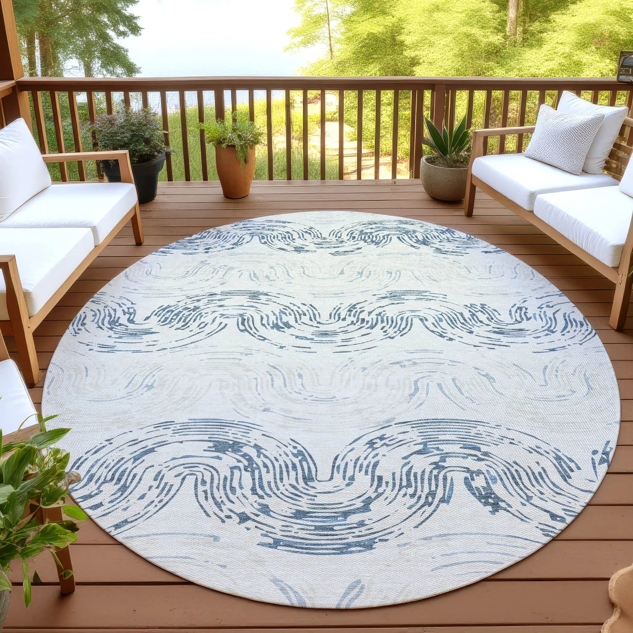 8' Ivory And Beige Round Abstract Washable Indoor Outdoor Area Rug Homeroots Outdoor