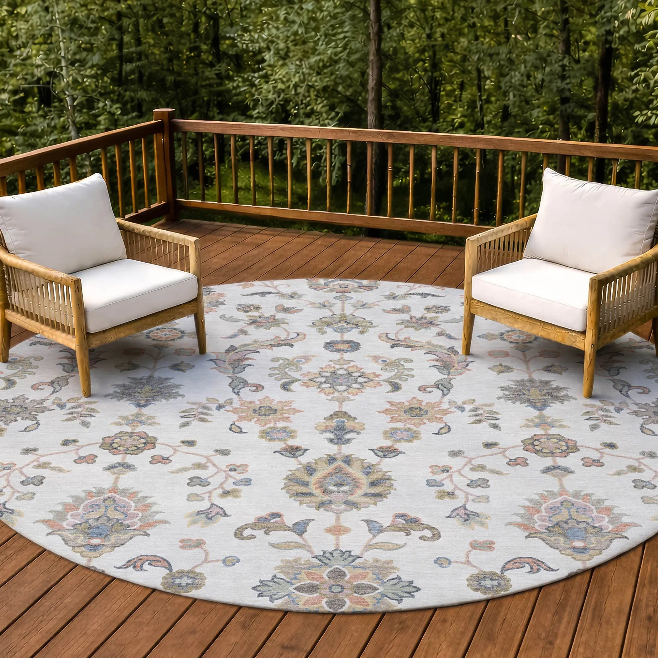 8' Ivory And Beige Round Abstract Washable Indoor Outdoor Area Rug Homeroots Outdoor