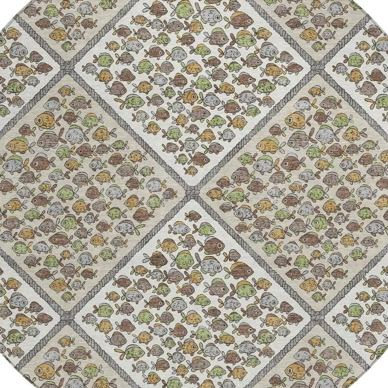 8' Ivory And Beige Round Abstract Washable Indoor Outdoor Area Rug Homeroots Outdoor