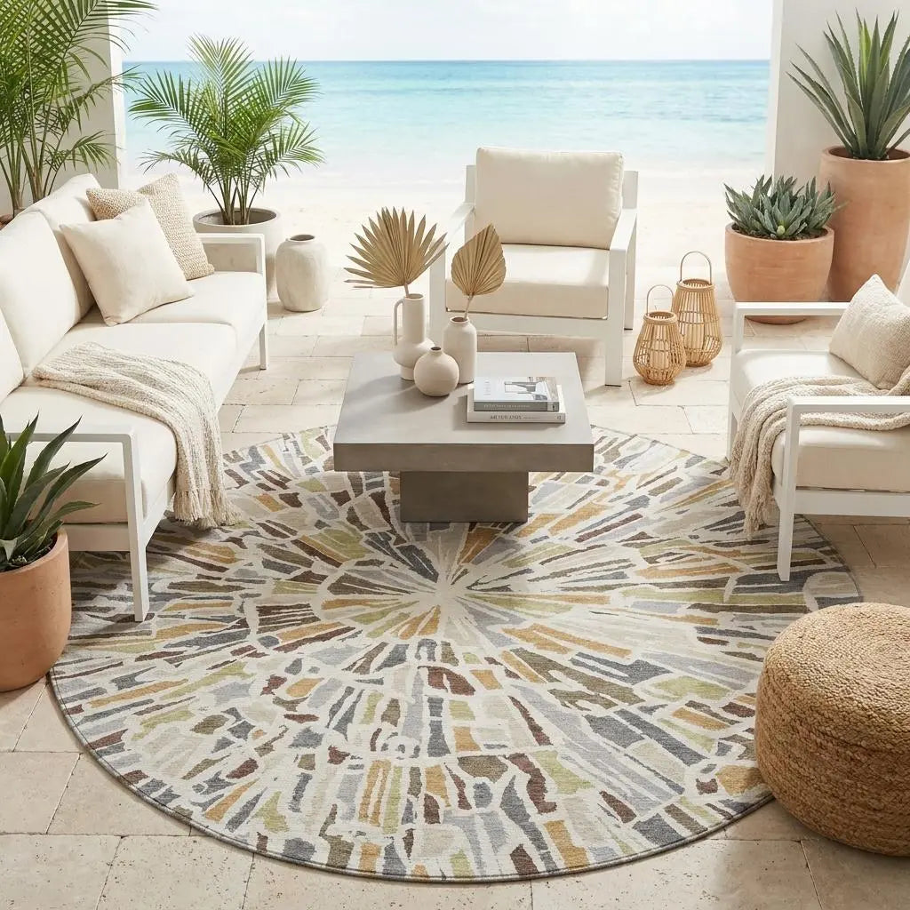 8' Ivory And Beige Round Abstract Washable Indoor Outdoor Area Rug Homeroots Outdoor
