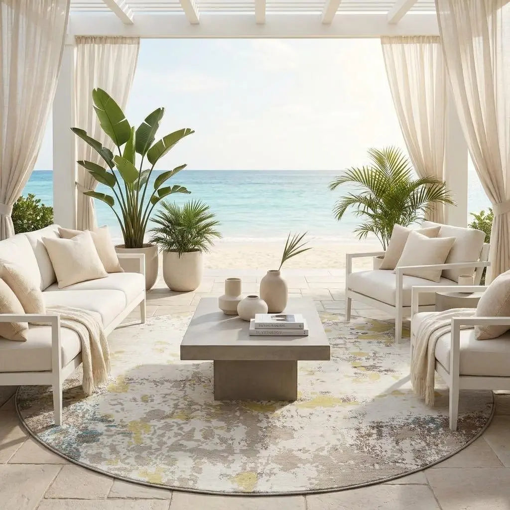 8' Ivory And Beige Round Abstract Washable Indoor Outdoor Area Rug Homeroots Outdoor