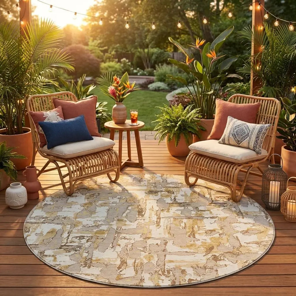 8' Ivory And Beige Round Abstract Washable Indoor Outdoor Area Rug Homeroots Outdoor