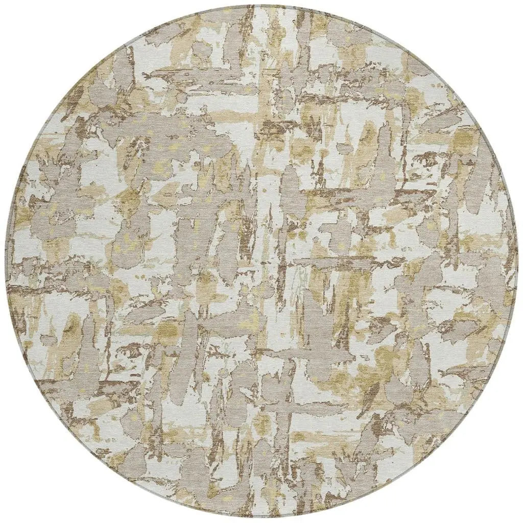 8' Ivory And Beige Round Abstract Washable Indoor Outdoor Area Rug Homeroots Outdoor