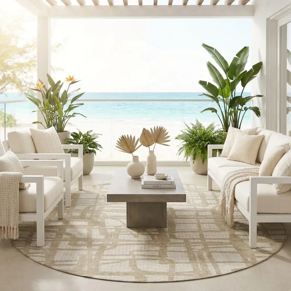8' Ivory And Beige Round Abstract Washable Indoor Outdoor Area Rug Homeroots Outdoor