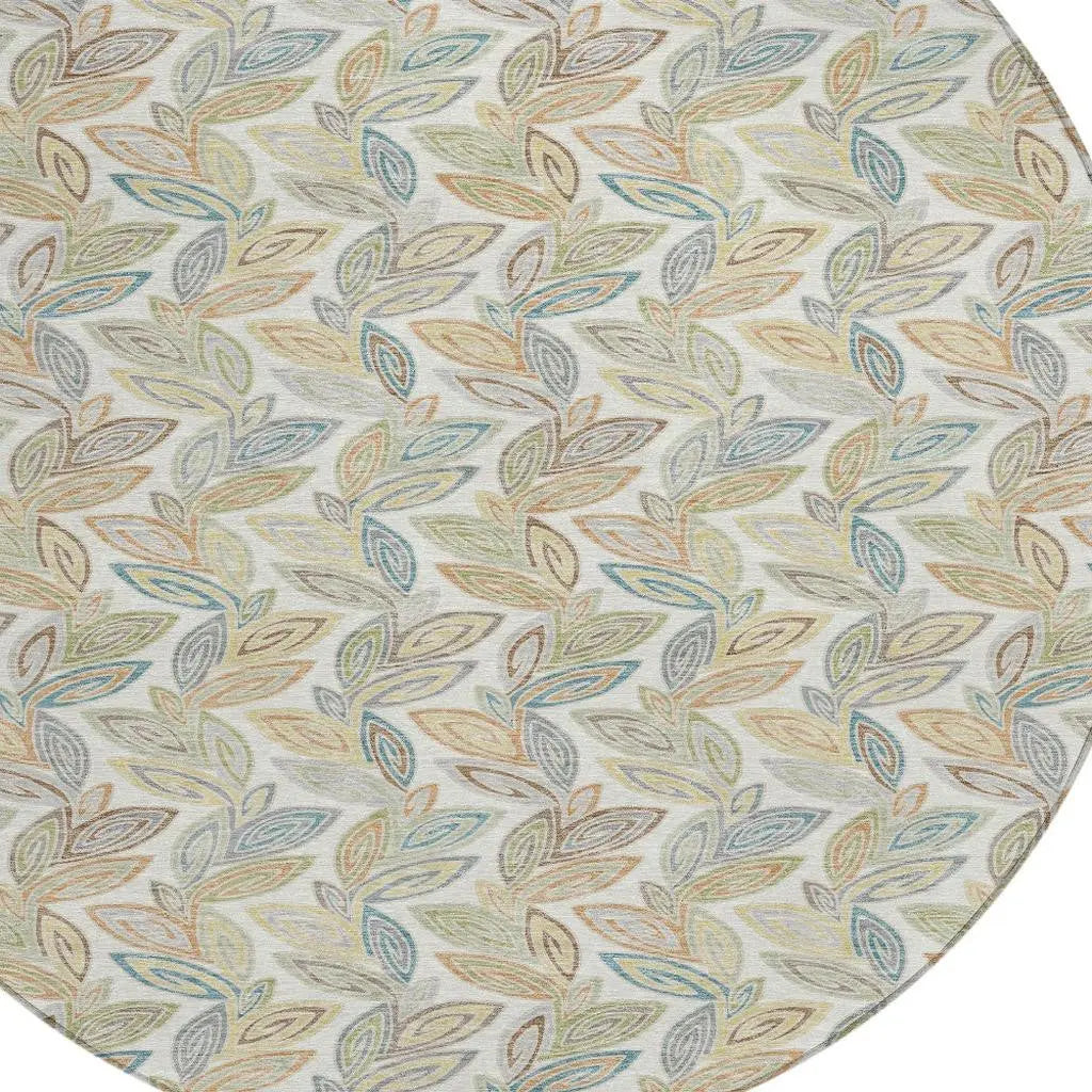 8' Ivory And Beige Round Botanical Leaves Washable Indoor Outdoor Area Rug Homeroots Outdoor