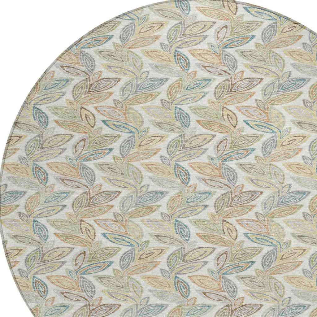 8' Ivory And Beige Round Botanical Leaves Washable Indoor Outdoor Area Rug Homeroots Outdoor