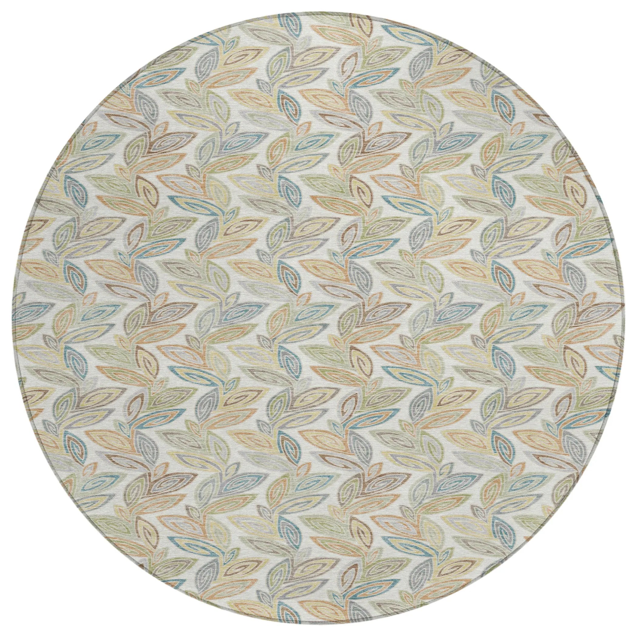 8' Ivory And Beige Round Botanical Leaves Washable Indoor Outdoor Area Rug Homeroots Outdoor