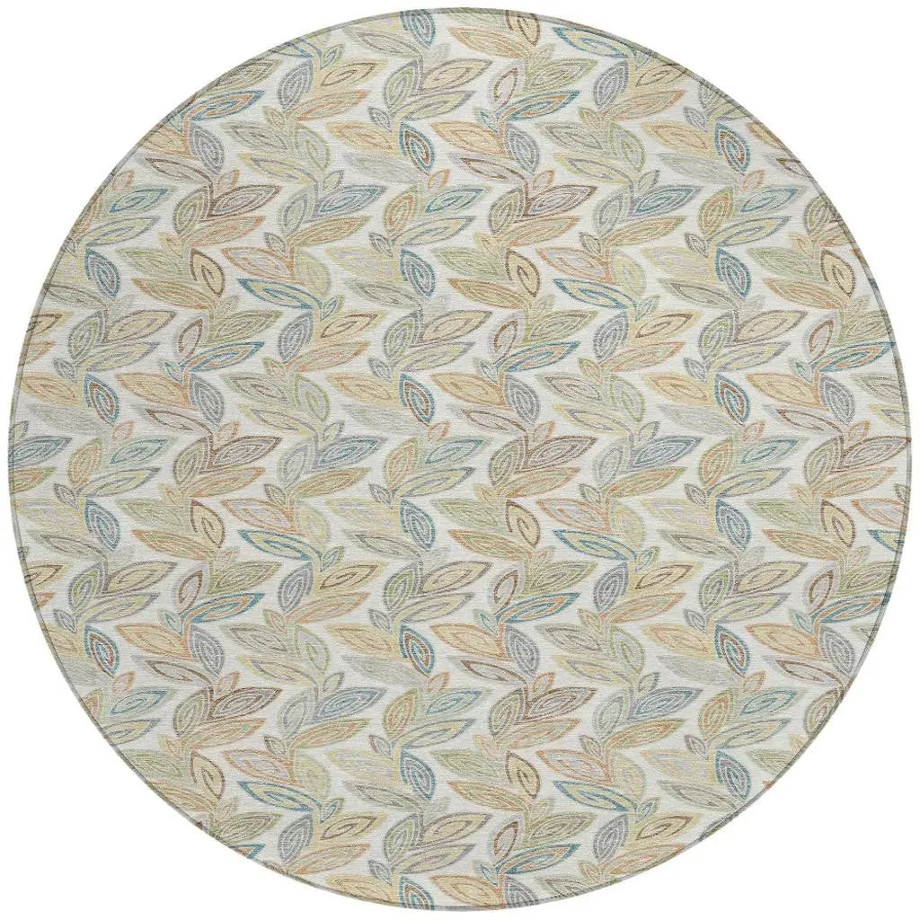 8' Ivory And Beige Round Botanical Leaves Washable Indoor Outdoor Area Rug Homeroots Outdoor