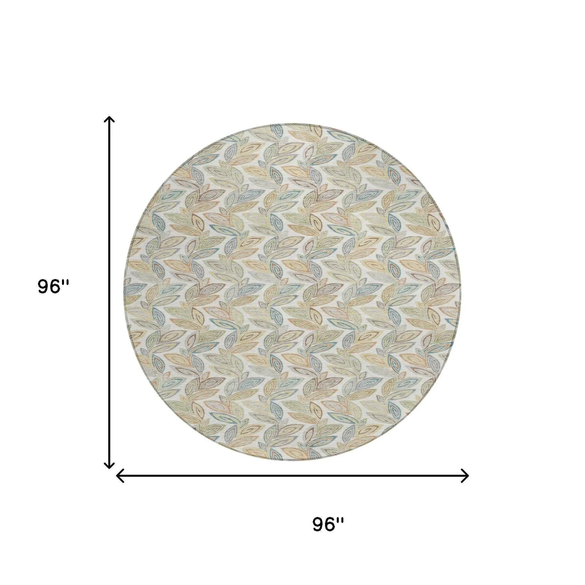 8' Ivory And Beige Round Botanical Leaves Washable Indoor Outdoor Area Rug Homeroots Outdoor
