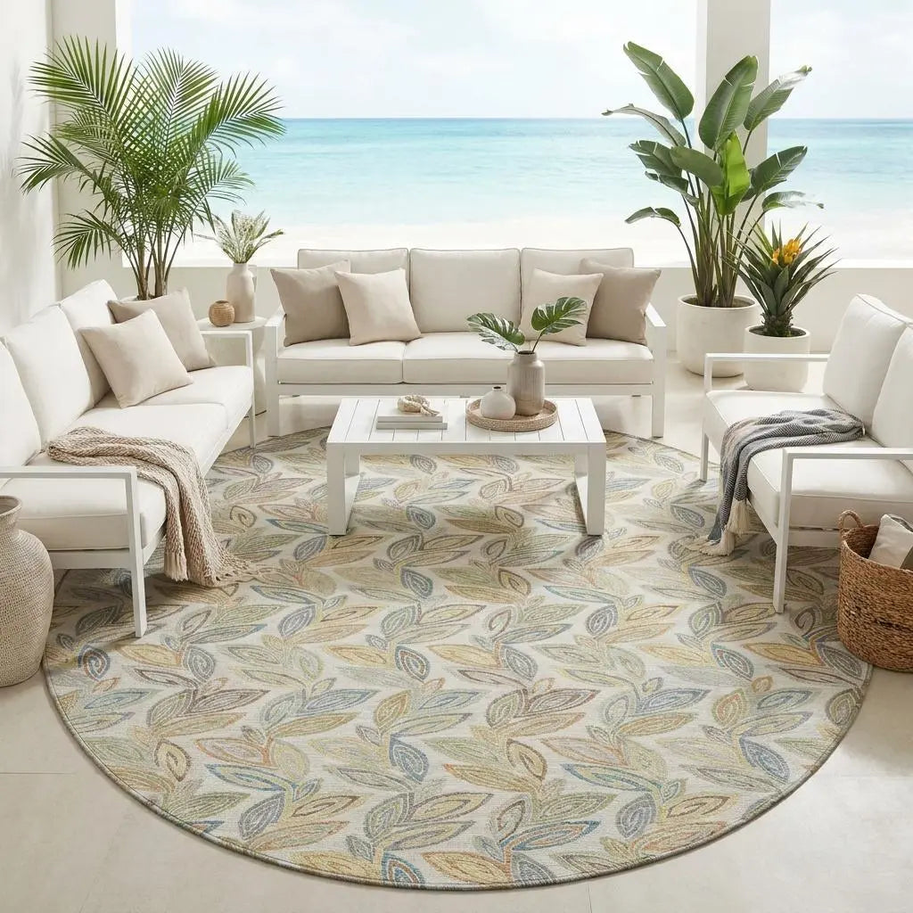 8' Ivory And Beige Round Botanical Leaves Washable Indoor Outdoor Area Rug Homeroots Outdoor
