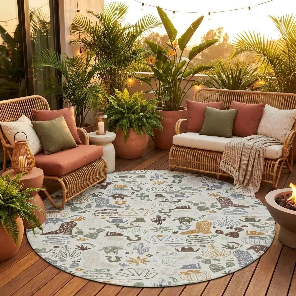 8' Ivory And Beige Round Cactus Washable Indoor Outdoor Area Rug Homeroots Outdoor