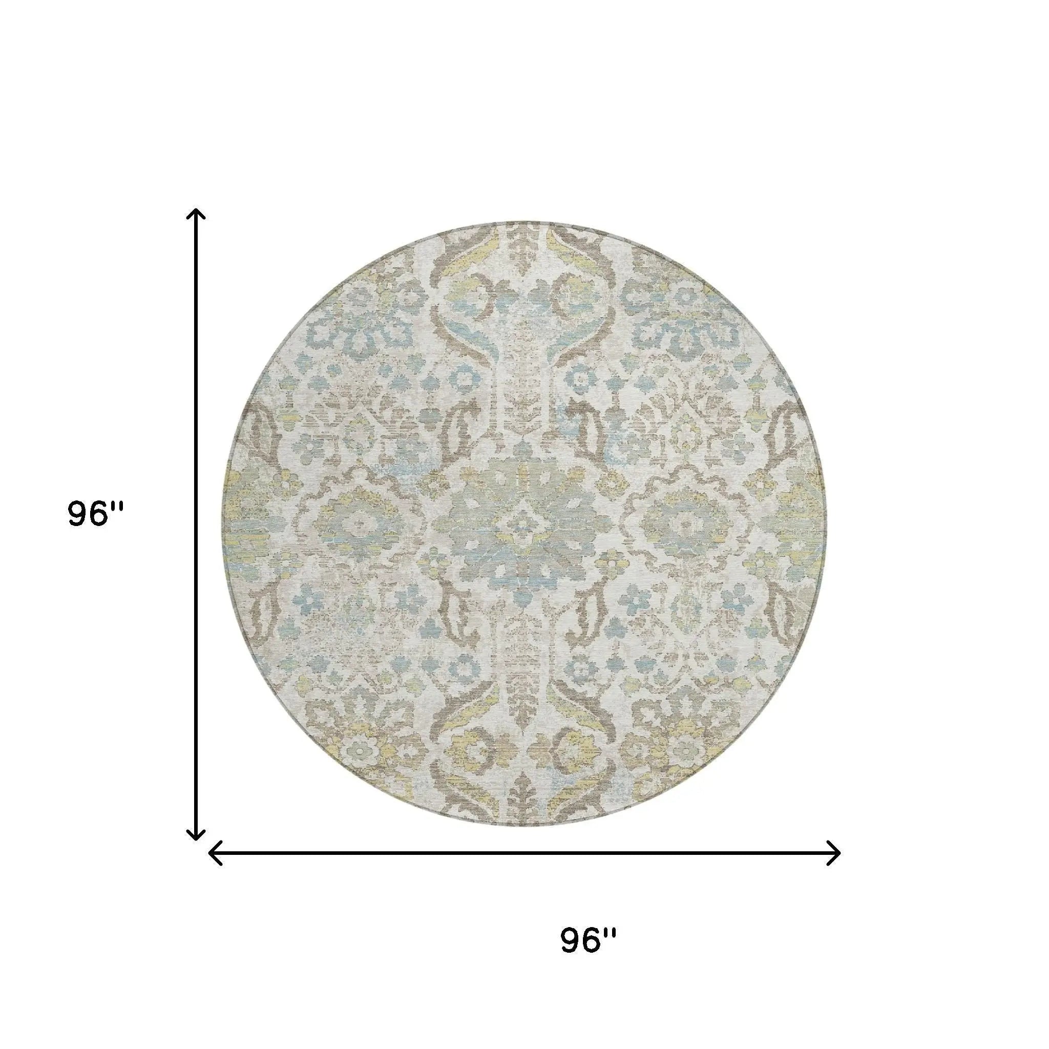 8' Ivory And Beige Round Damask Washable Indoor Outdoor Area Rug Homeroots Outdoor