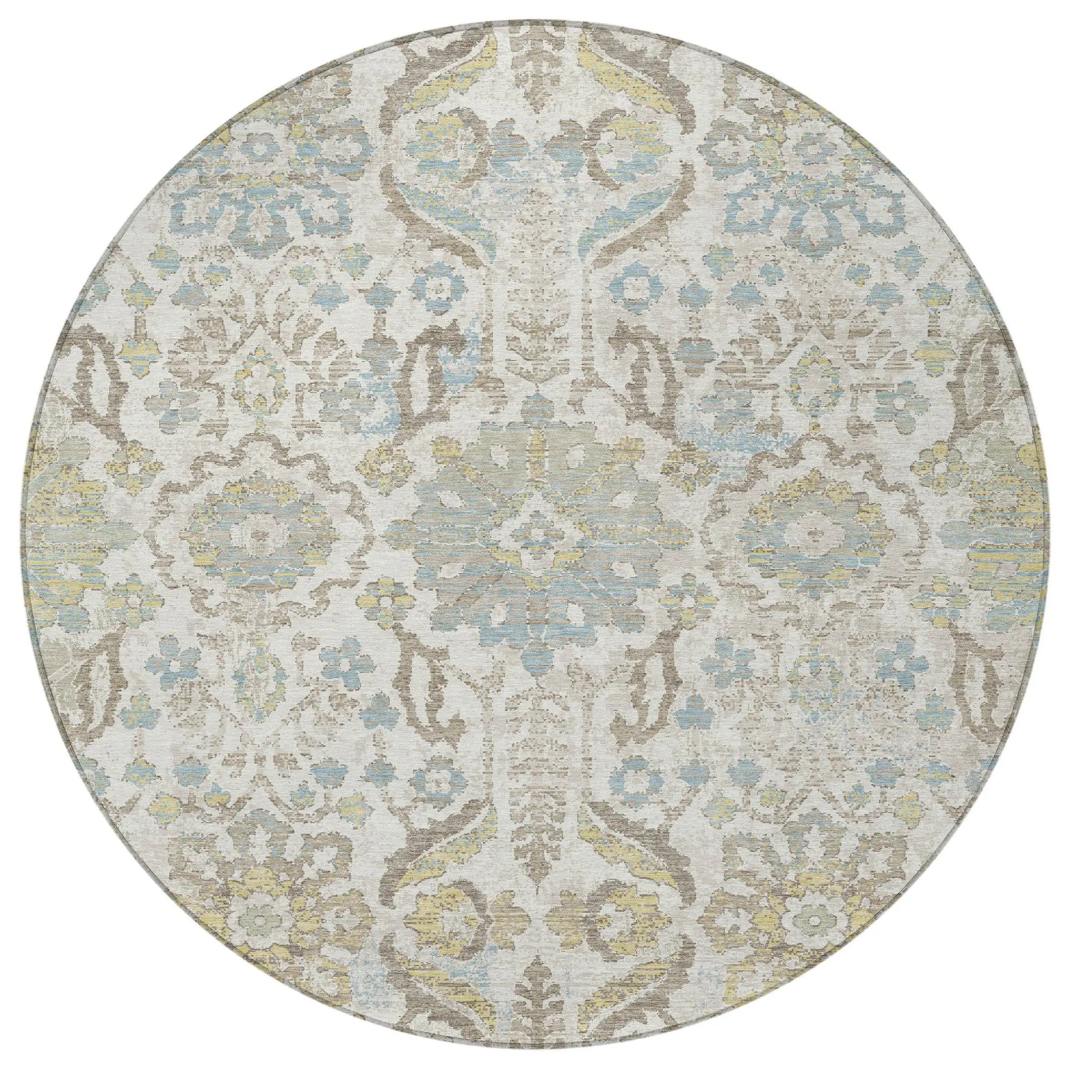 8' Ivory And Beige Round Damask Washable Indoor Outdoor Area Rug Homeroots Outdoor