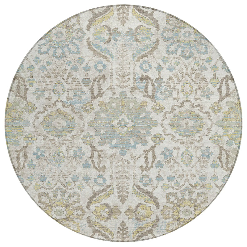 8' Ivory And Beige Round Damask Washable Indoor Outdoor Area Rug Homeroots Outdoor