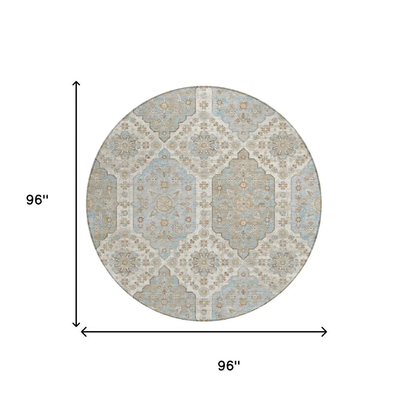 8' Ivory And Beige Round Damask Washable Indoor Outdoor Area Rug Homeroots Outdoor