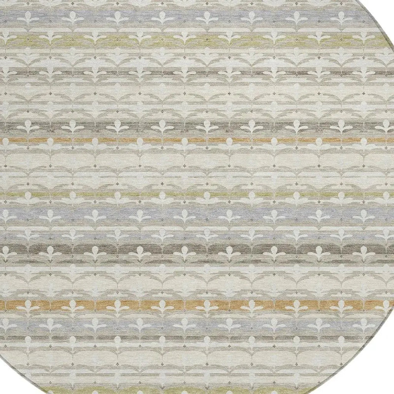 8' Ivory And Beige Round Damask Washable Indoor Outdoor Area Rug Homeroots Outdoor