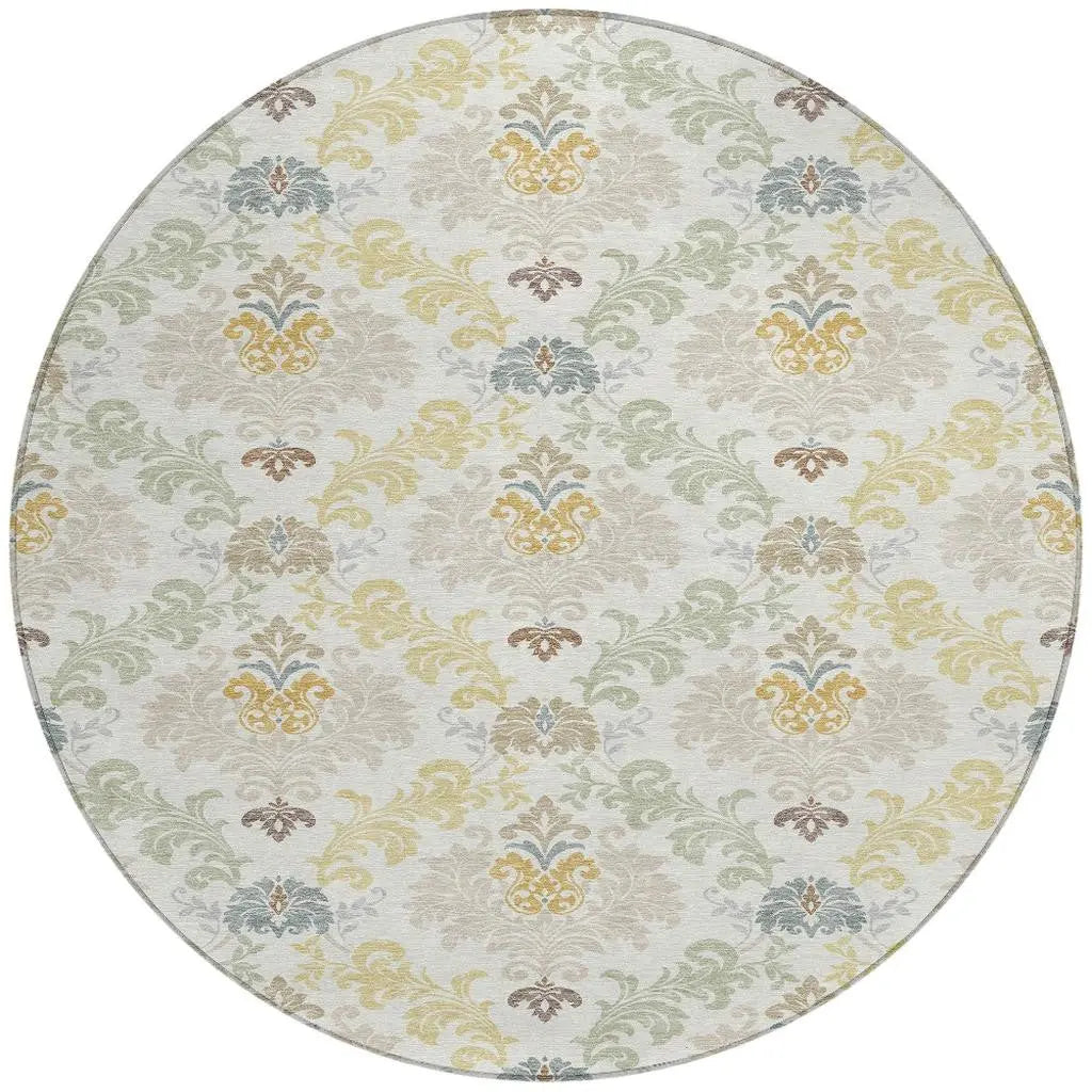 8' Ivory And Beige Round Damask Washable Indoor Outdoor Area Rug Homeroots Outdoor