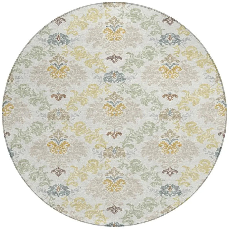 8' Ivory And Beige Round Damask Washable Indoor Outdoor Area Rug Homeroots Outdoor