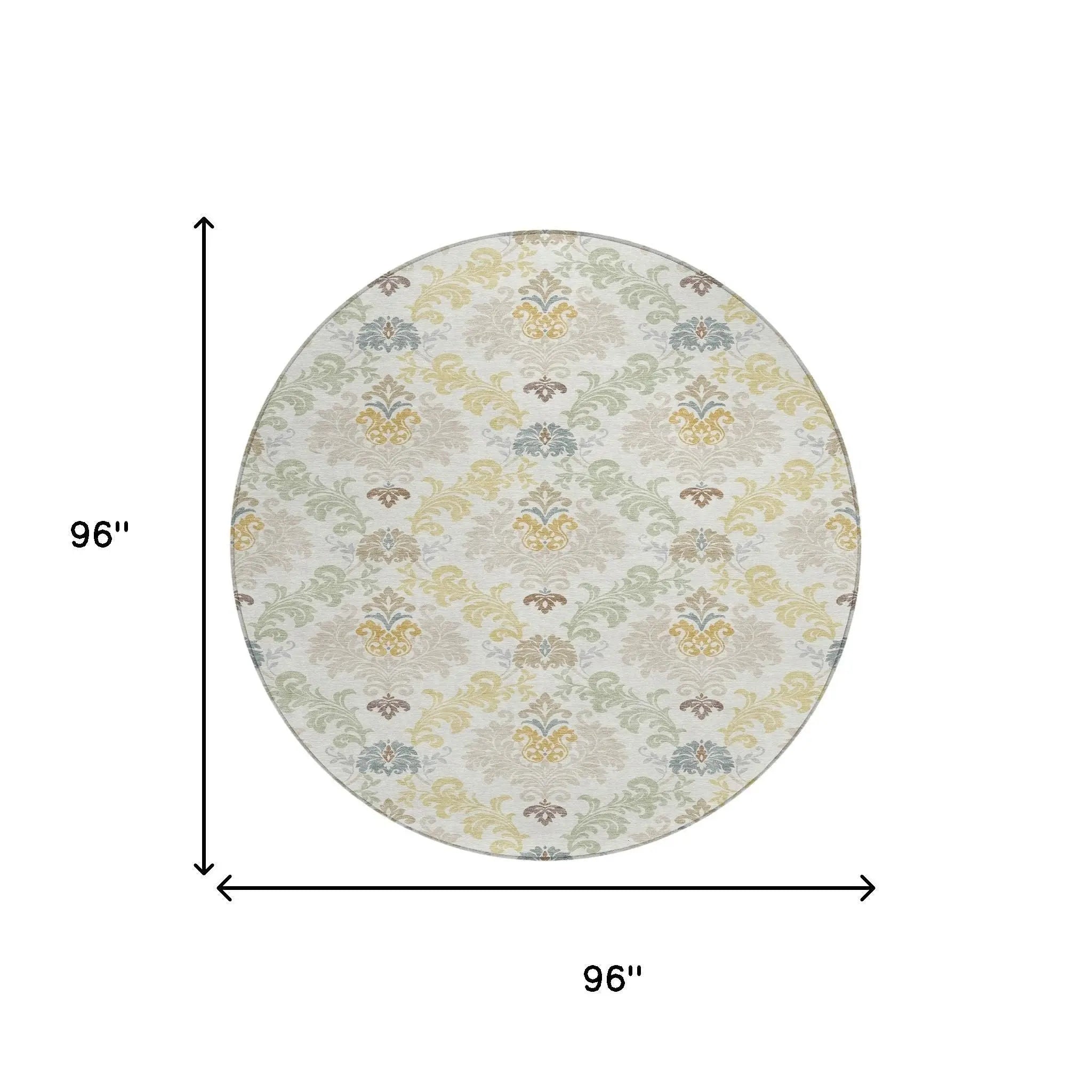 8' Ivory And Beige Round Damask Washable Indoor Outdoor Area Rug Homeroots Outdoor