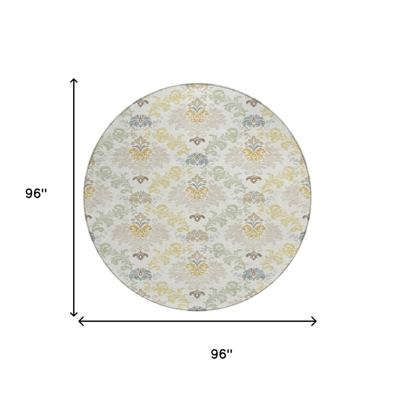 8' Ivory And Beige Round Damask Washable Indoor Outdoor Area Rug Homeroots Outdoor