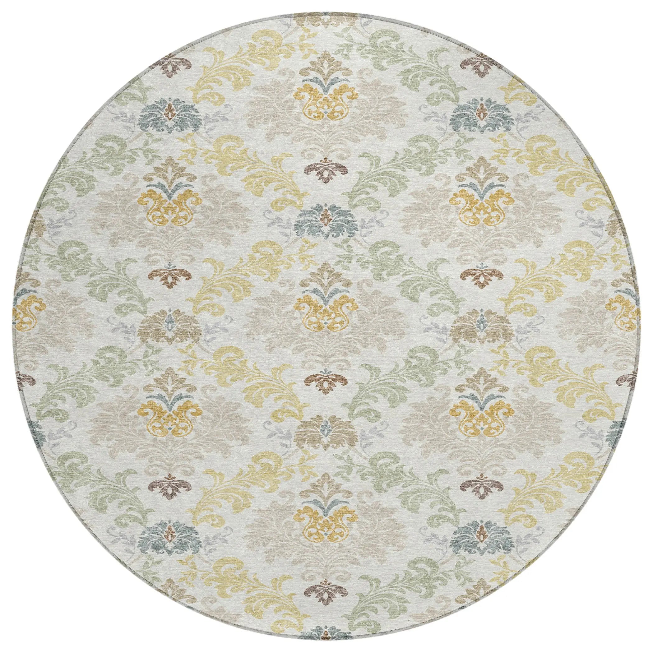 8' Ivory And Beige Round Damask Washable Indoor Outdoor Area Rug Homeroots Outdoor