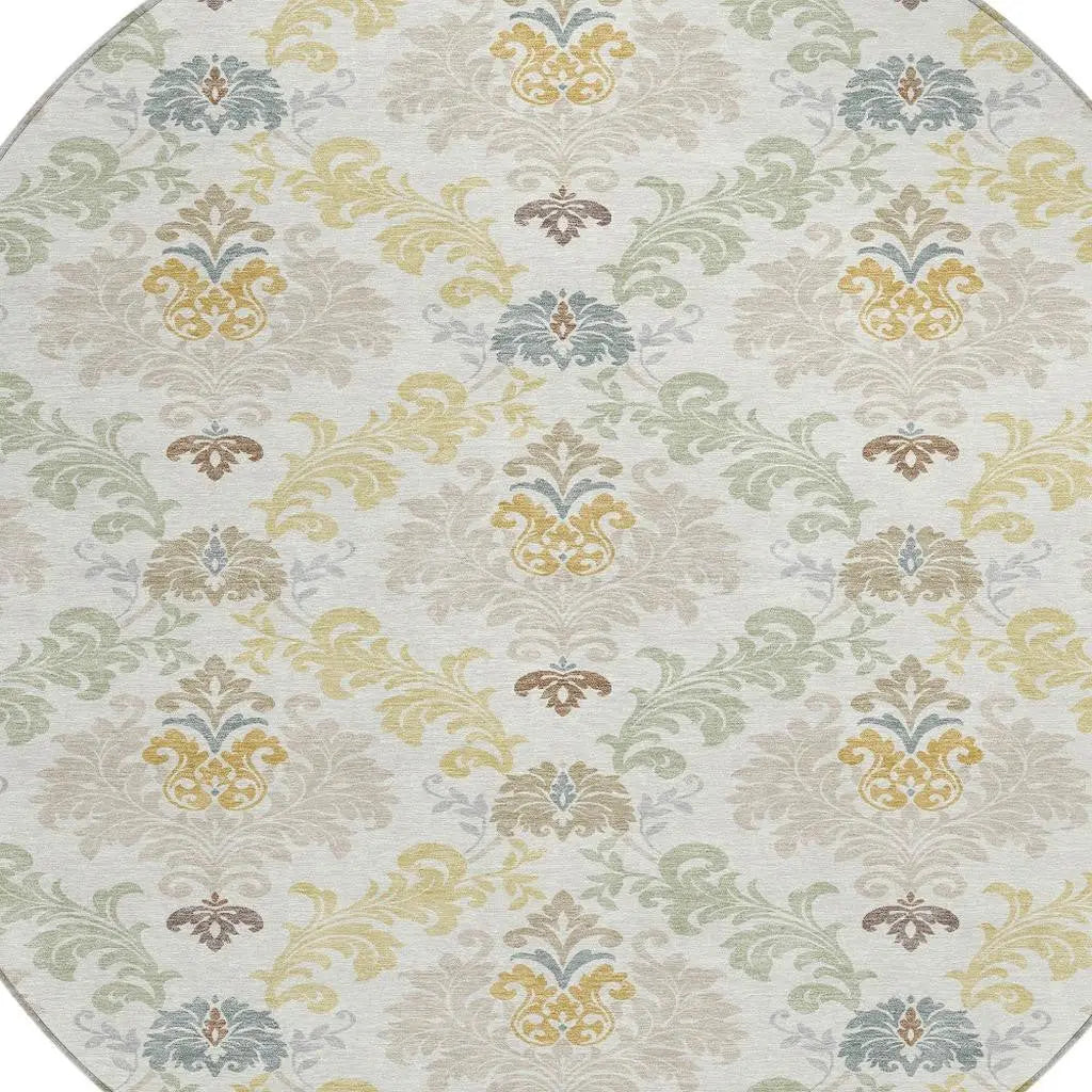 8' Ivory And Beige Round Damask Washable Indoor Outdoor Area Rug Homeroots Outdoor