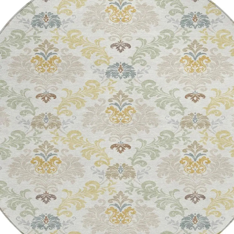 8' Ivory And Beige Round Damask Washable Indoor Outdoor Area Rug Homeroots Outdoor