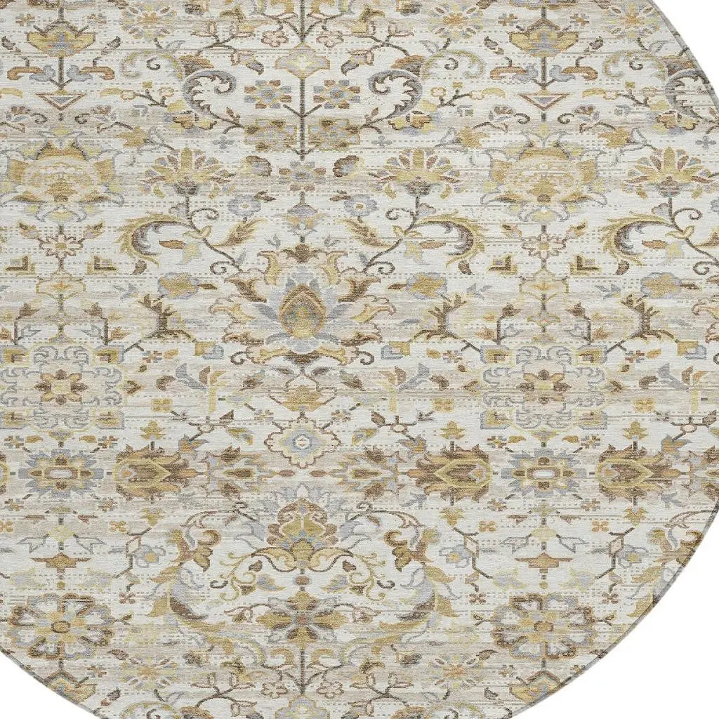 8' Ivory And Beige Round Floral Medallion Washable Indoor Outdoor Area Rug Homeroots Outdoor