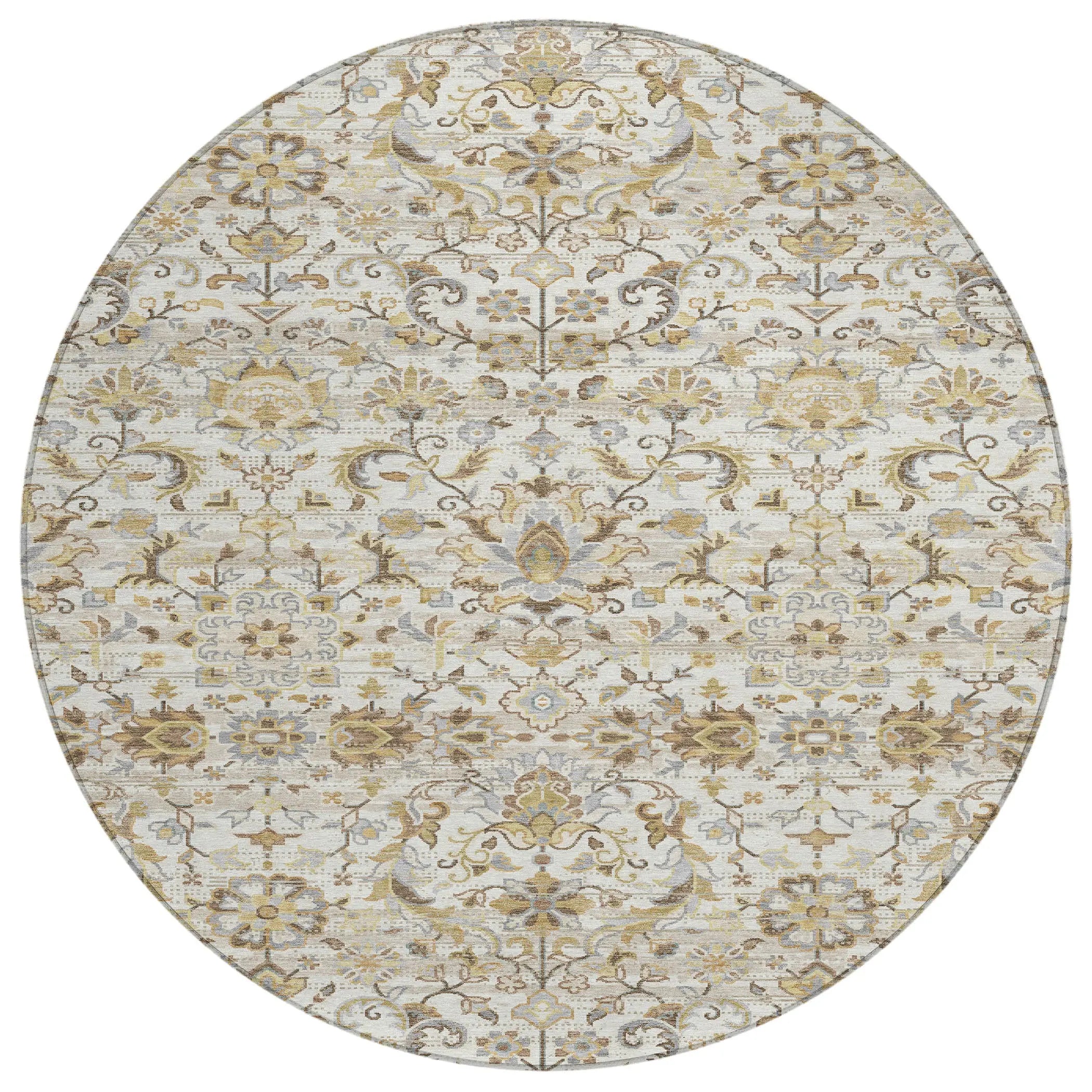 8' Ivory And Beige Round Floral Medallion Washable Indoor Outdoor Area Rug Homeroots Outdoor