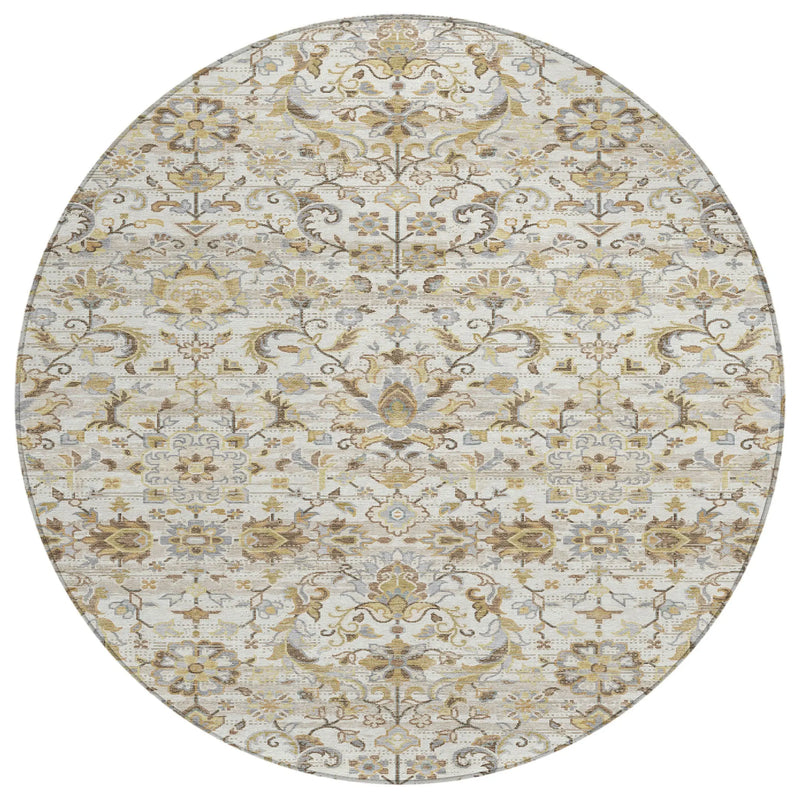 8' Ivory And Beige Round Floral Medallion Washable Indoor Outdoor Area Rug Homeroots Outdoor
