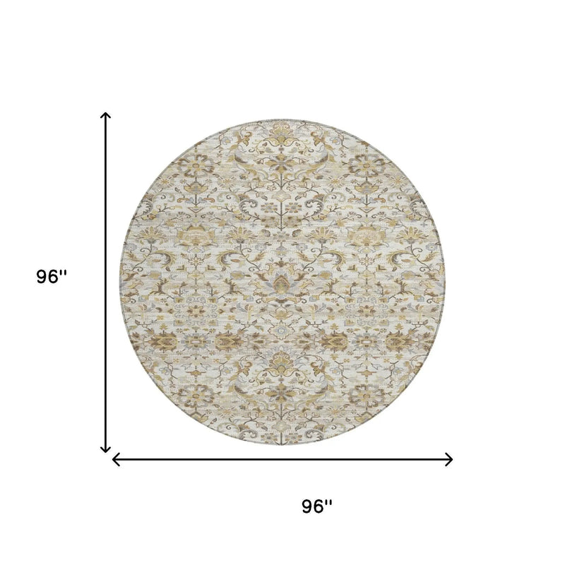 8' Ivory And Beige Round Floral Medallion Washable Indoor Outdoor Area Rug Homeroots Outdoor