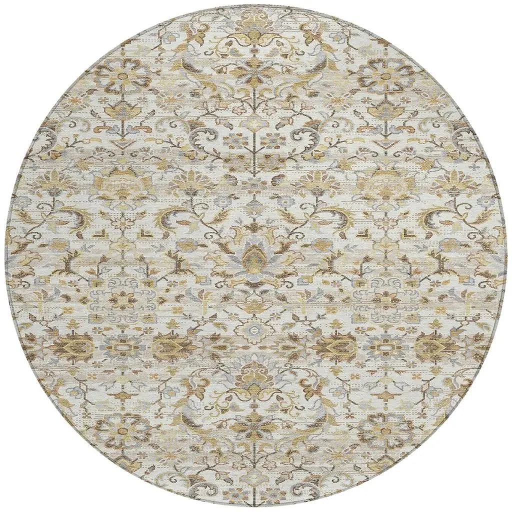 8' Ivory And Beige Round Floral Medallion Washable Indoor Outdoor Area Rug Homeroots Outdoor