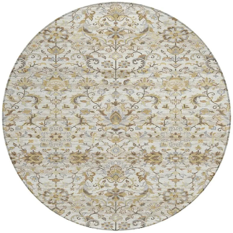 8' Ivory And Beige Round Floral Medallion Washable Indoor Outdoor Area Rug Homeroots Outdoor