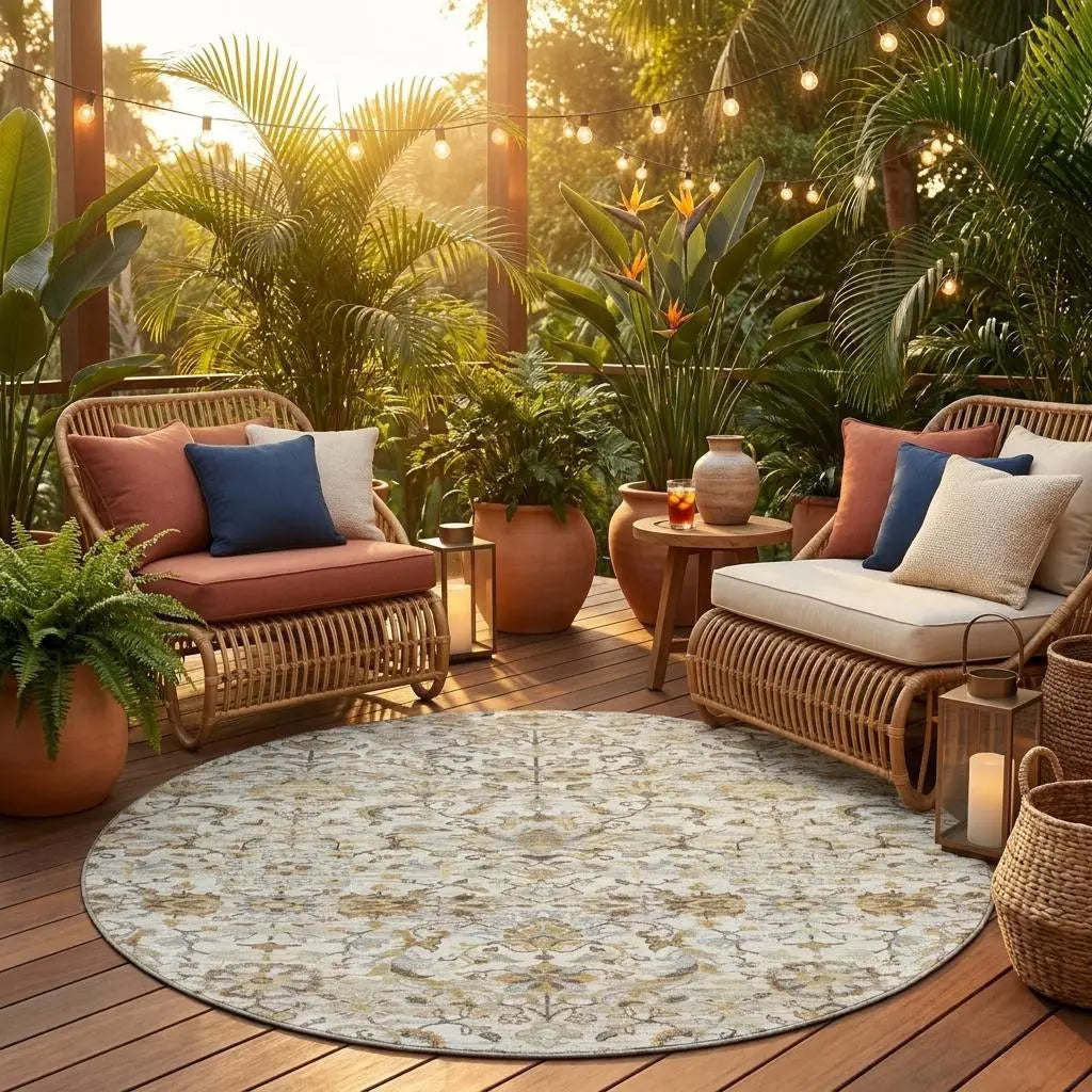 8' Ivory And Beige Round Floral Medallion Washable Indoor Outdoor Area Rug Homeroots Outdoor