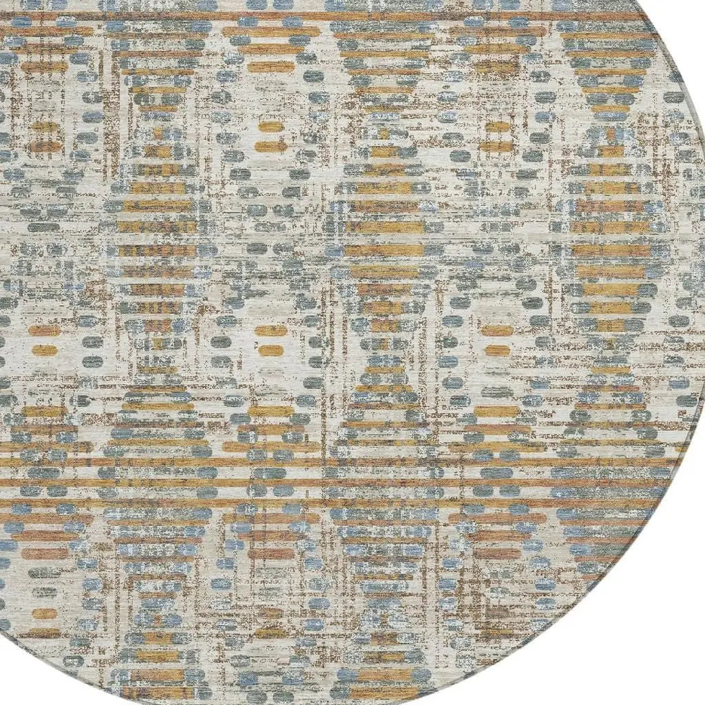 8' Ivory And Beige Round Floral Medallion Washable Indoor Outdoor Area Rug Homeroots Outdoor