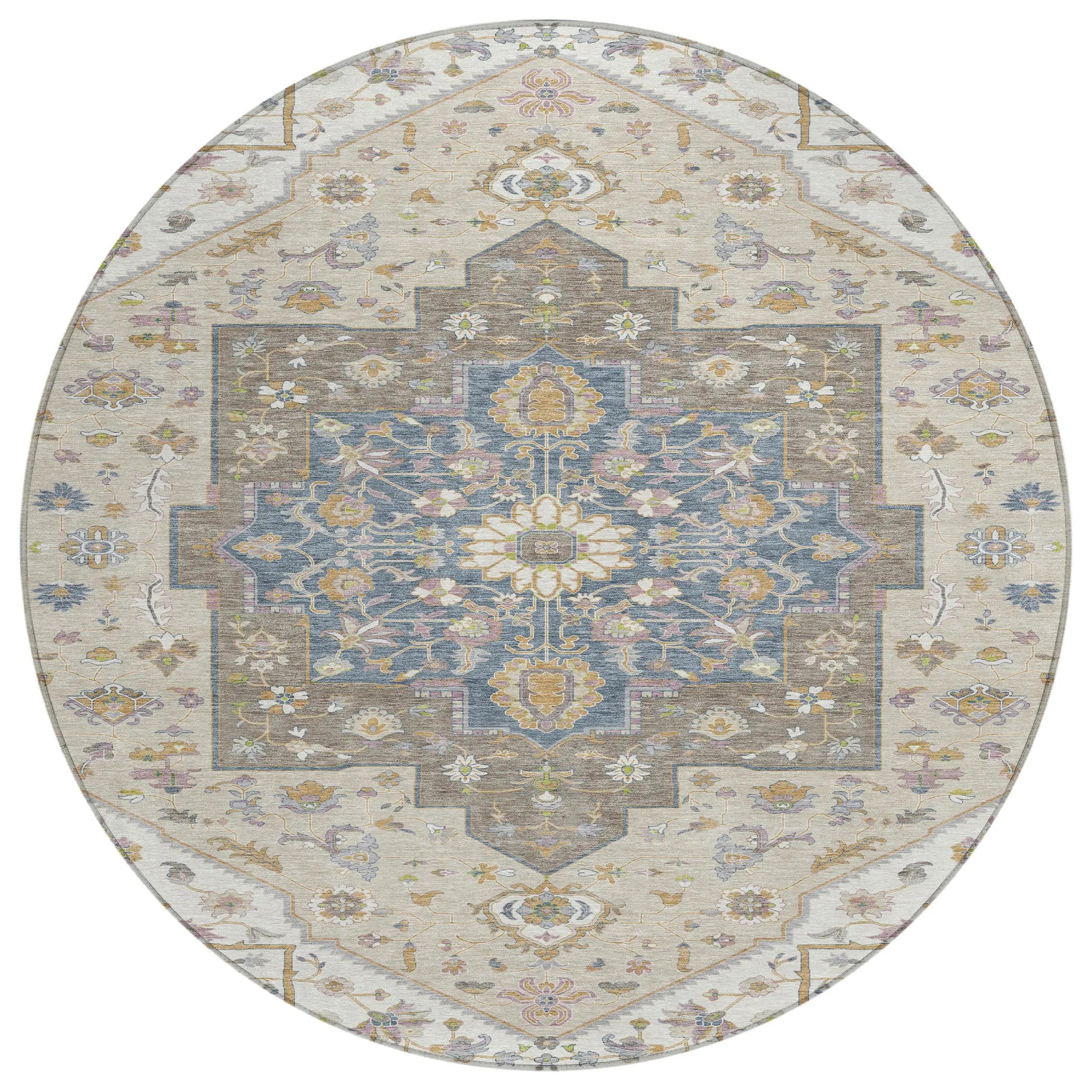 8' Ivory And Beige Round Floral Medallion Washable Indoor Outdoor Area Rug Homeroots Outdoor